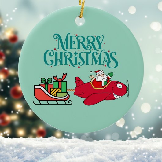 Santa Flying Flugzeug, Sleigh & Geschenke, Weihnac Keramik Ornament