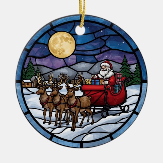 Santa Flying Over Snowy Village Keramik Ornament (Vorne)