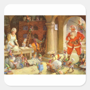 Santa, Frau Claus & Elves backen Weihnachtskekse Quadratischer Aufkleber