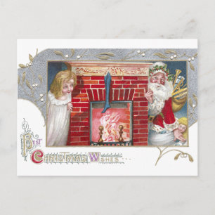 Santa, Frau & Kamin Vintage-Weihnachten Feiertagspostkarte