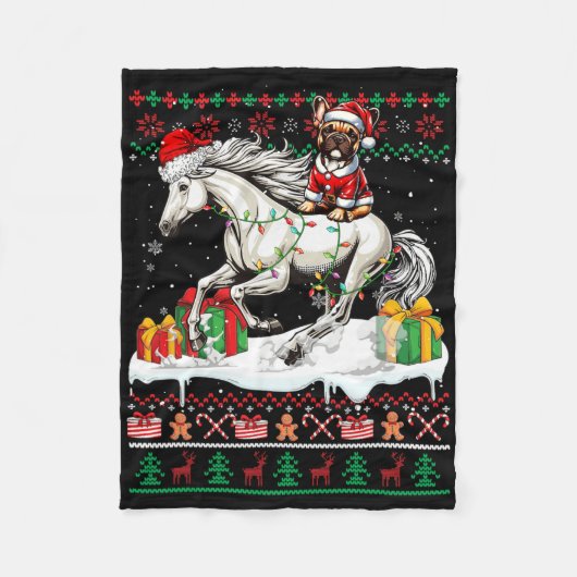 Santa French Bulldog Reiten Pferd Weihnachtsschwei Fleecedecke (Vorderseite)
