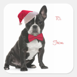 Santa Frenchie Gift Tags Quadratischer Aufkleber