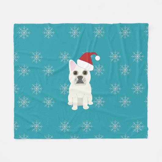 Santa Frenchie, Snowflakes Blue Fleecedecke (Vorderseite (Horizontal))