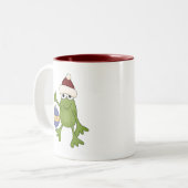 Santa Frog mit Ziertrampen und Geschenken Zweifarbige Tasse (Vorderseite Links)