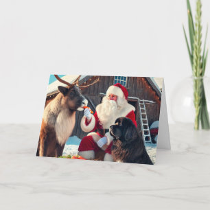 Santa Fütternd Rentier mit Newf Watching Feiertagskarte