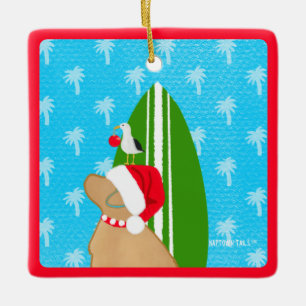 Santa Gelber Labrador-Surfbrett-Hund-Weihnachtsanh Keramikornament
