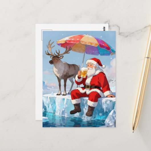 Santa genießt ein Bier auf einem Eisberg Postkarte (Vorderseite/Rückseite Beispiel)