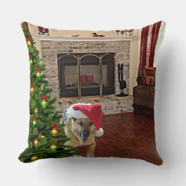 Santa German Shepherd Dog by Christmas Tree Kissen