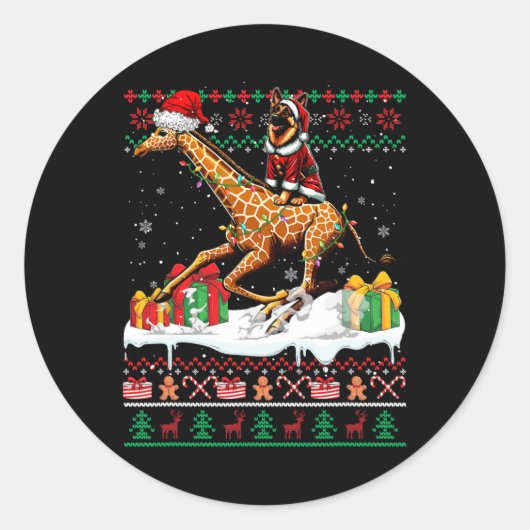 Santa German Shepherd Riding Giraffe Weihnachtssch Runder Aufkleber (Vorderseite)