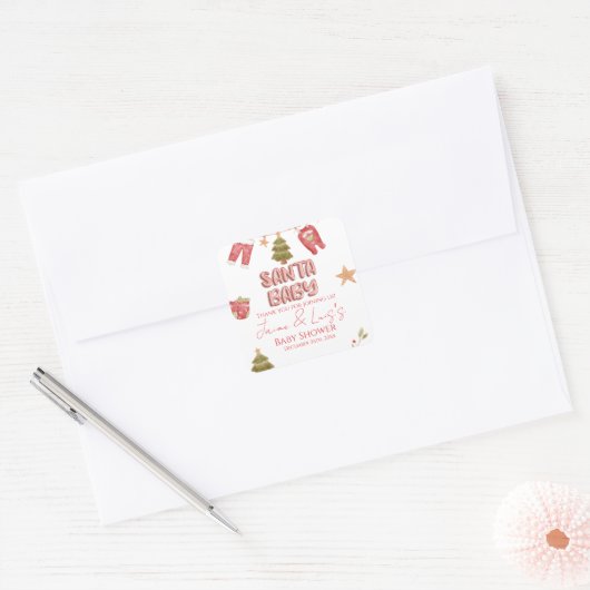 Santa Girl Boy Holiday Baby Shower Quadratischer Aufkleber (Umschlag)