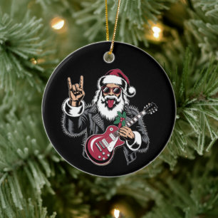 Santa Gitarre Rock Lederjacke Weihnachten Xmas Keramik Ornament