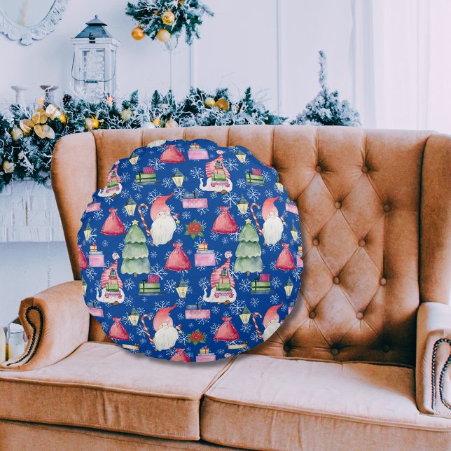 Santa Gnome für Ferien Muster Blue Background Rundes Kissen (Santa Gnome for Holidays Pattern Blue Background Round Pillow)