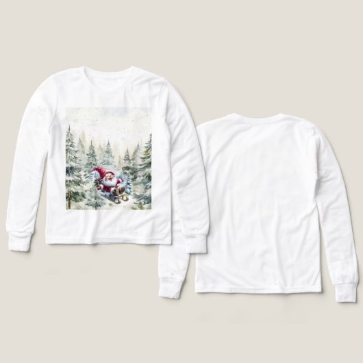 Santa Gnome Sledding Through The Woods LS T-Shirt (Design Vorderseite & Rückseite)