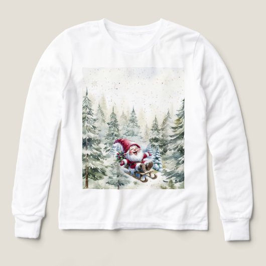 Santa Gnome Sledding Through The Woods LS T-Shirt (Design Vorderseite)
