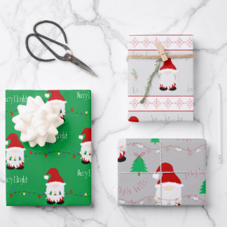 Santa Gnome Wrapping Paper Flat Sheet Set 3 Geschenkpapier Set