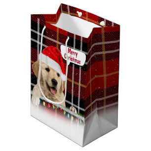 Santa Golden Retriever auf der Karierten mittelgro Mittlere Geschenktüte
