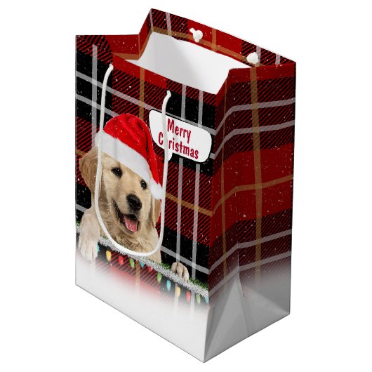 Santa Golden Retriever auf der Karierten mittelgro Mittlere Geschenktüte (Vorderseite Schrägansicht)