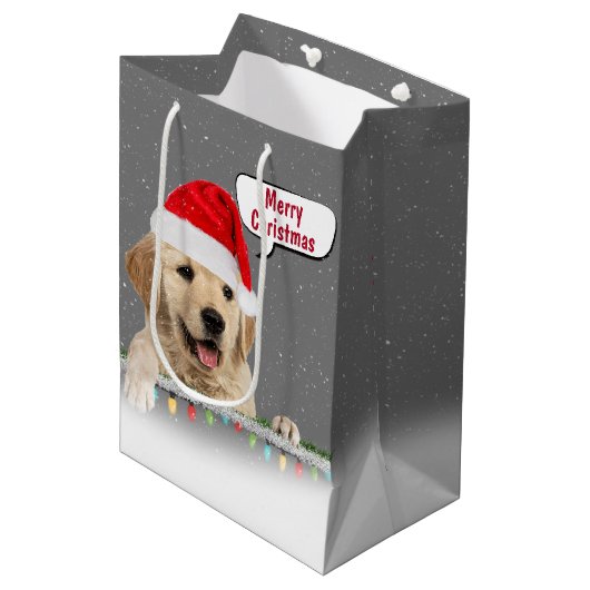 Santa Golden Retriever im Schneeflocken Mittlere Geschenktüte (Vorderseite Schrägansicht)