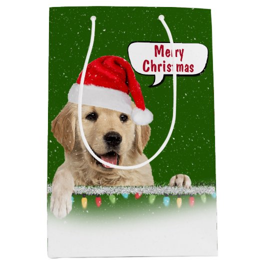 Santa Golden Retriever im Schneeflocken Mittlere Geschenktüte (Vorderseite)