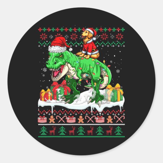 Santa Golden Retriever Riding T-rex Weihnachts Swe Runder Aufkleber (Vorderseite)
