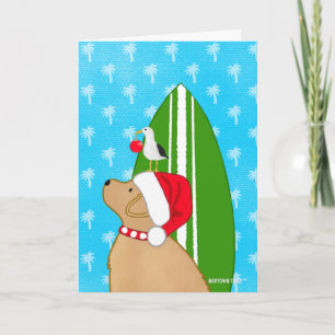 Santa Golden Surfboard Hund Möwe Weihnachtskarte Dankeskarte