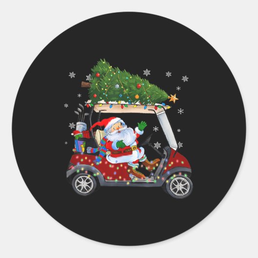 Santa Golf Cart Christmas Tree Lights Xmas Golfer Runder Aufkleber (Vorderseite)