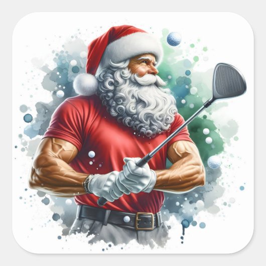 Santa Golfing im Winter Quadratischer Aufkleber (Vorderseite)