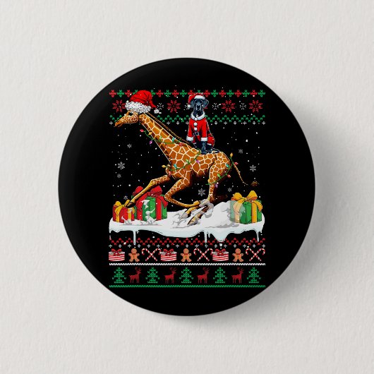 Santa Great Dane Riding Giraffe Weihnachtssüßer Button (Vorderseite)