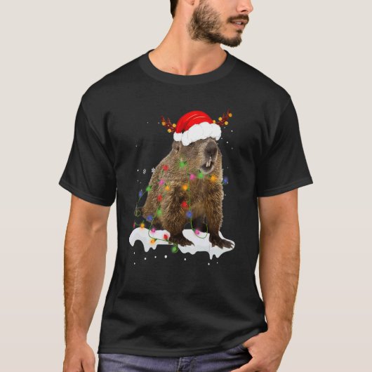 Santa Groundhog Animal Christmas Lights Weihnachte T-Shirt (Vorderseite)