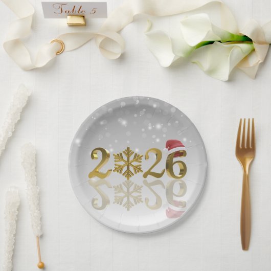 Santa Hat and Snowflake | Happy New Year 2026 Gold Pappteller (Hochzeit)