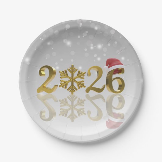 Santa Hat and Snowflake | Happy New Year 2026 Gold Pappteller (Vorderseite)