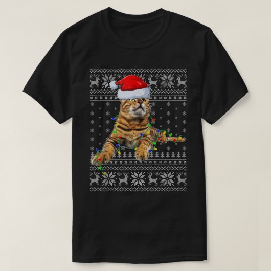 Santa Hat Bengal Cat Xmas Lighting Ugly Bengal Cat T-Shirt (Design vorne)