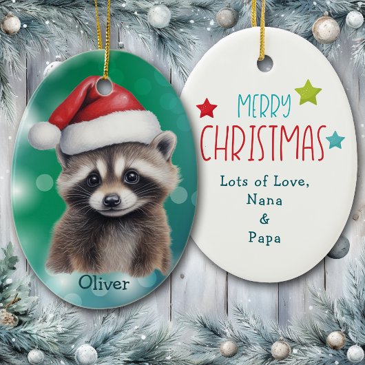 Santa Hat Cute Raccoon Kids Ceramic Ornament