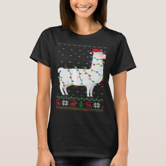 Santa Hat Llama Xmas Lights Ugly Llama Christmas T-Shirt (Vorderseite)