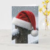 Santa Hat On a Snowy Fence Post Karte (Gelbe Blume)