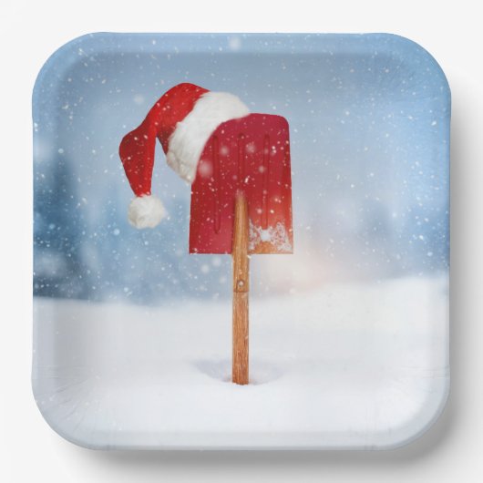 Santa Hat On Red Snow Shovel  Pappteller (Vorderseite)