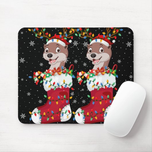 Santa Hat Otter Animal In Socks Xmas Tree Lights T Mousepad (Mit Mouse)
