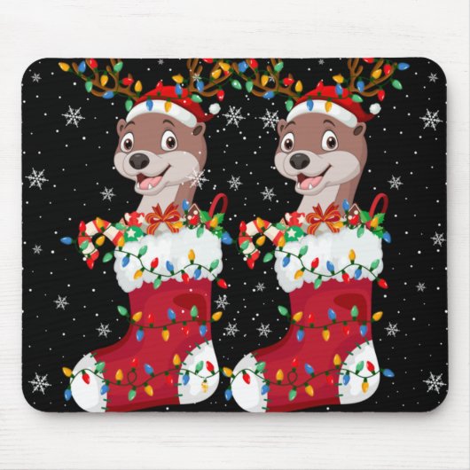 Santa Hat Otter Animal In Socks Xmas Tree Lights T Mousepad (Vorne)