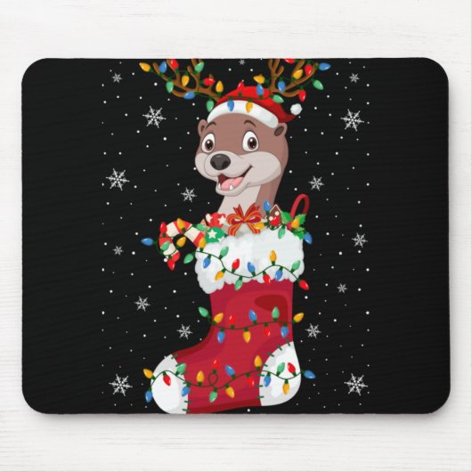 Santa Hat Otter Animal In Socks Xmas Tree Lights T Mousepad (Vorne)