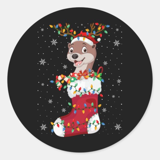 Santa Hat Otter Animal In Socks Xmas Tree Lights T Runder Aufkleber (Vorderseite)