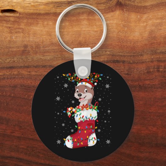 Santa Hat Otter Animal In Socks Xmas Tree Lights T Schlüsselanhänger (Vorderseite)