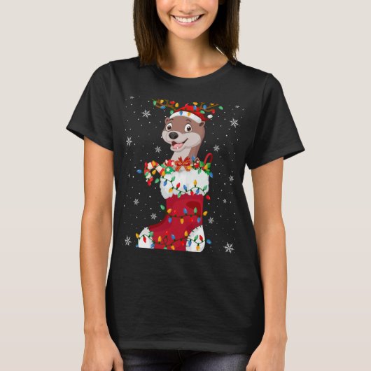 Santa Hat Otter Animal In Socks Xmas Tree Lights T-Shirt (Vorderseite)