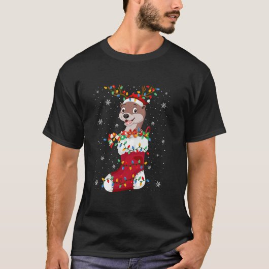 Santa Hat Otter Animal In Socks Xmas Tree Lights  T-Shirt (Vorderseite)