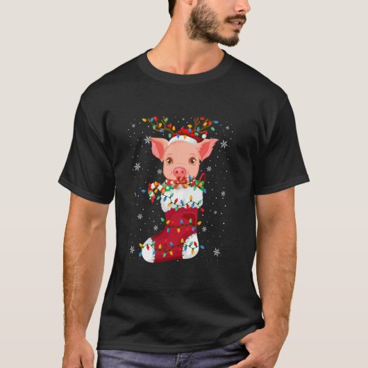 Santa Hat Pig Animal In Socks Xmas Tree Lights  T-Shirt (Vorderseite)