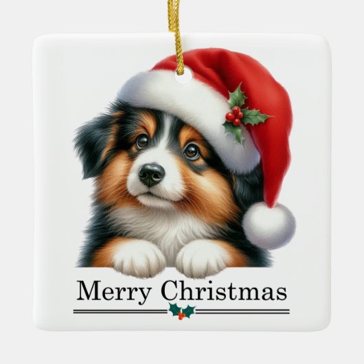 Santa Hat Shetland Sheepdog Puppy Merry Christmas Keramikornament (Vorderseite)
