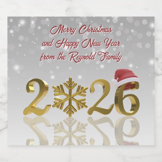 Santa Hat & Snowflake | Happy New Year Golden 2026 Schaumweinetikett (Einzelnes Label)