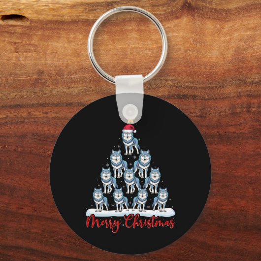 Santa Hat Ugly Xmas Funny Wolf Christmas Tree Schlüsselanhänger (Vorderseite)