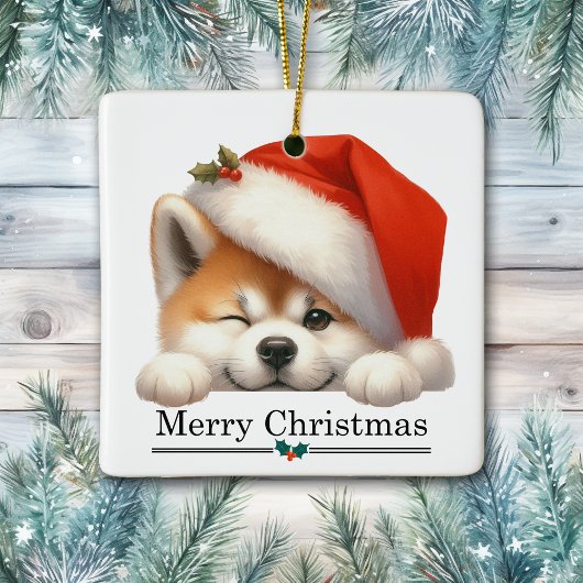 Santa Hat Winking Akita Puppy Merry Christmas Keramikornament
