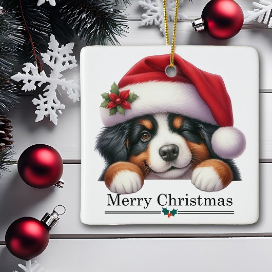 Santa Hat Winking Bernese Mountain Puppy Christmas Keramikornament