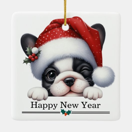 Santa Hat Winking French Bulldog Puppy Christmas Keramikornament (Rückseite)